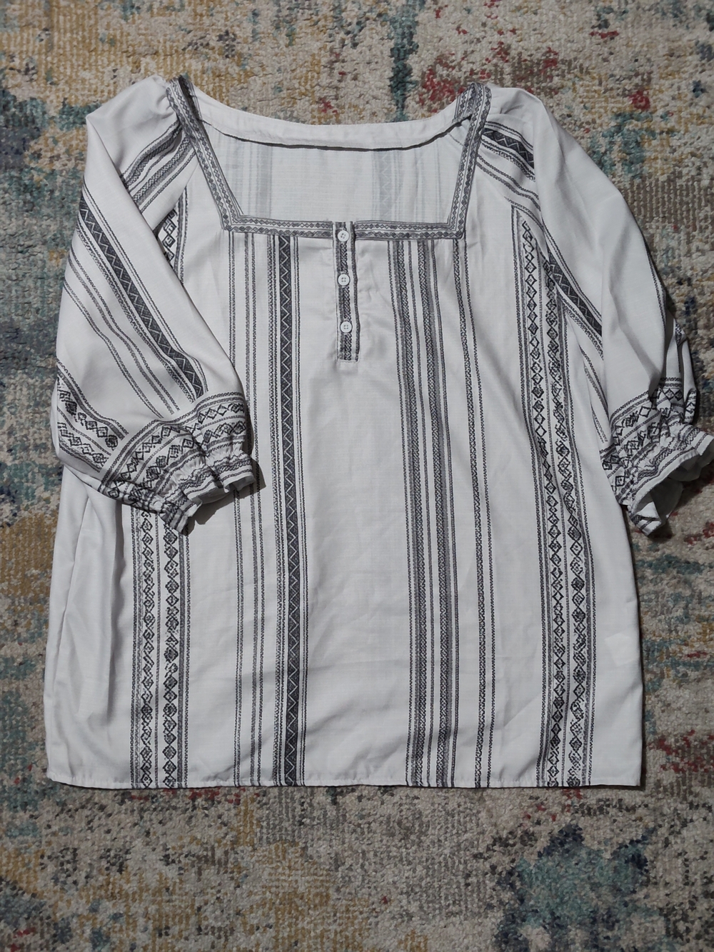 White Peasant Blouse with Black Stripe Embroidery